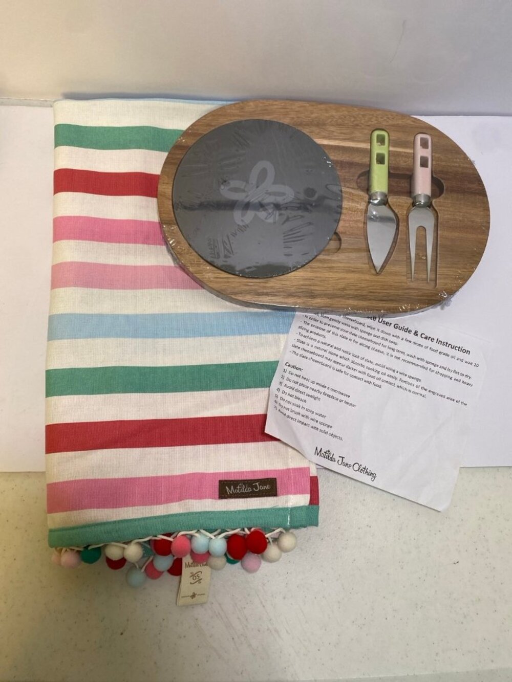 Matilda Jane Gourmet Cheeseboard Slate Set Sealed with Striped Kitchen Towel